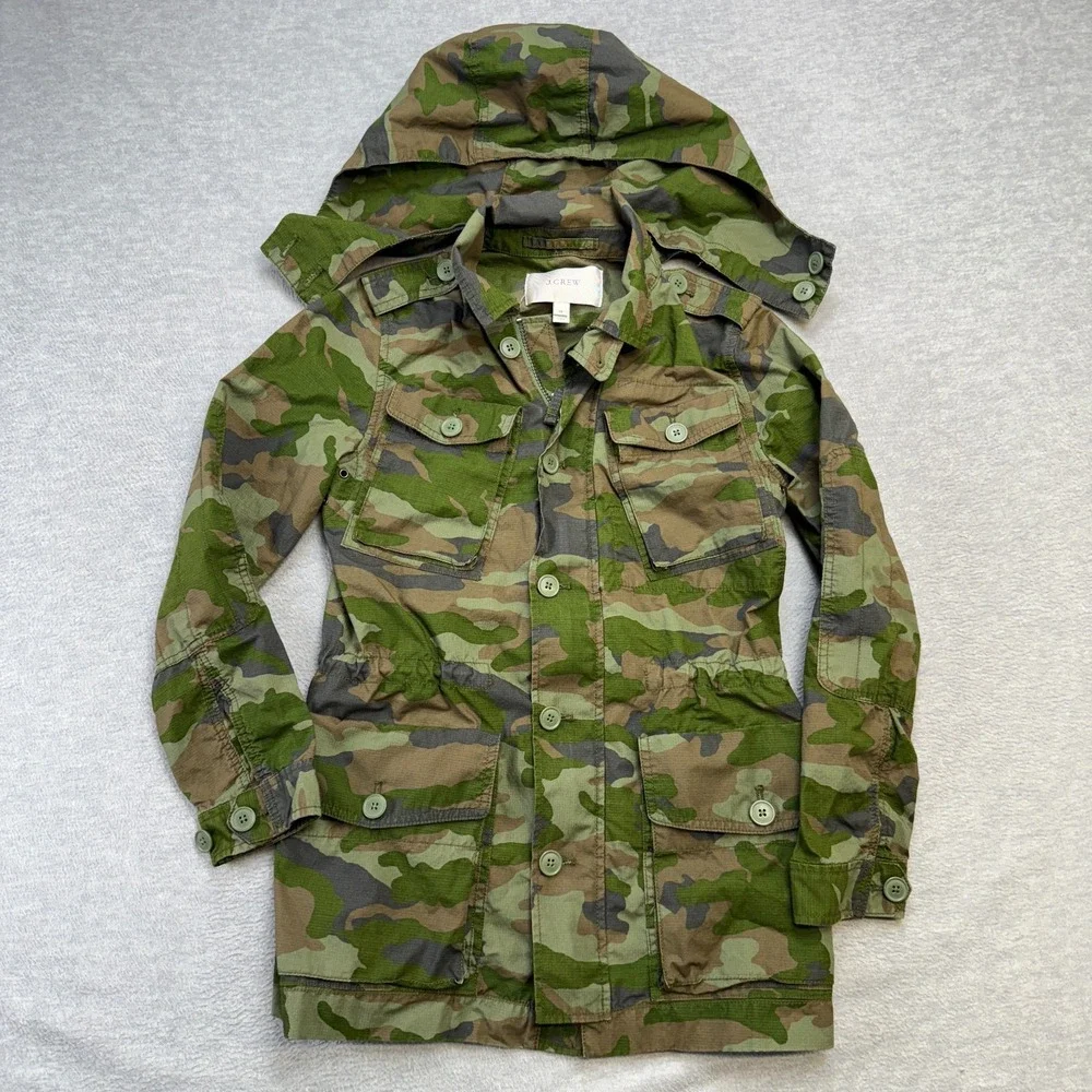 J Crew Jacket Women XS Green Camo Military Parka Utility Adjustable Ripstop Hood